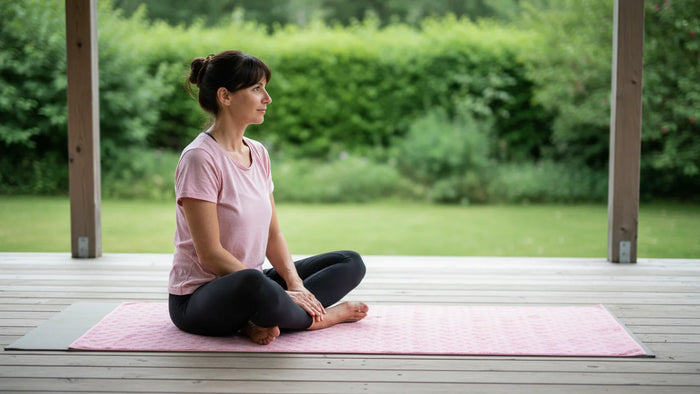 Rosa Yogatuch mit Noppen aufgerollt auf einer Yogamatte