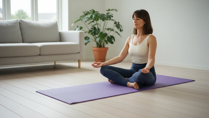 Lila Yogamatte mit feiner Rillenstruktur - dicke weiche Yogamatte freigestellt