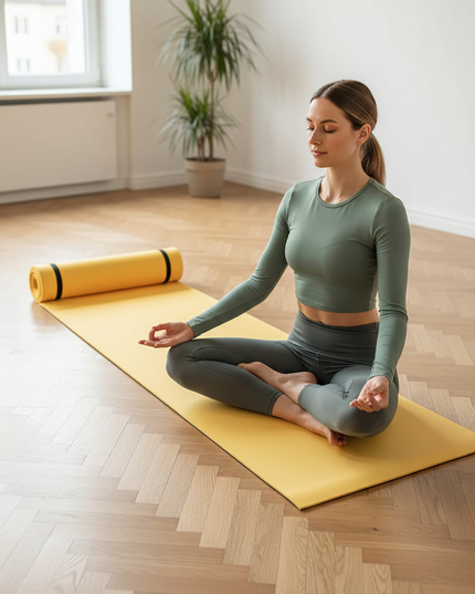 Foldable Yoga Mat: Gelbe Yogamatte mit Halteriemen - Ansicht 1