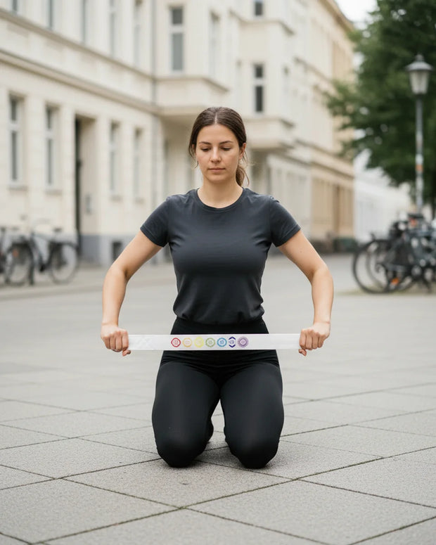 Weißer Yogagurt aus matte mit bunter Chakra-Stickerei, braunem Etikett und Metall-D-Ringen