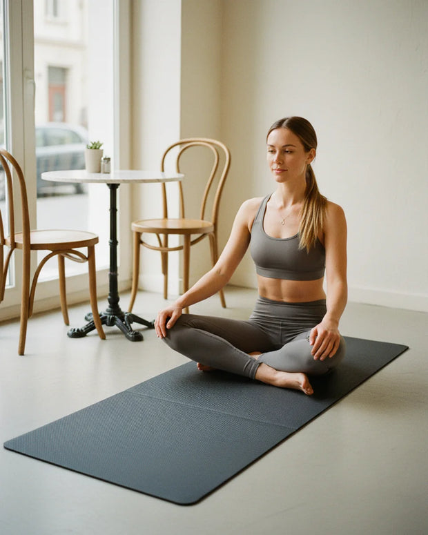 Anthrazite dünne Yogamatte zum Reisen, teilweise aufgerollt mit aufgedruckter Dicke 0,3 cm