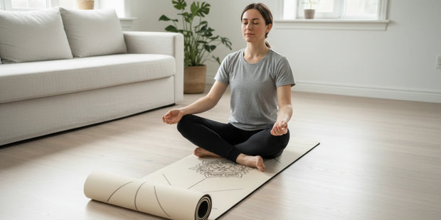 Beigefarbene Yogamatte mit dunkelbraunem Mandala und Ausrichtungslinien auf hellem Hintergrund