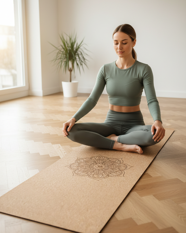 Yoga-Matte mit Muster - Hellbraune Korkmatte mit Mandala - Ansicht 1