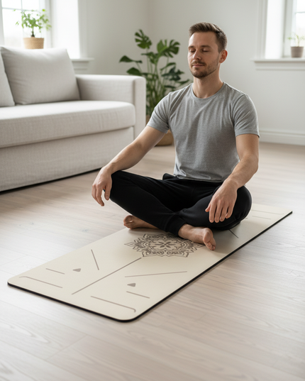 Beigefarbene Yogamatte mit Mandala 6 mm TPE - Ansicht 1